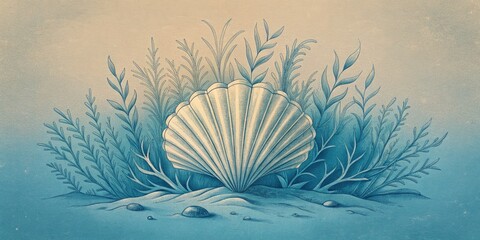 Delicate seashell rests amid soft oceanic foliage.