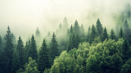 Obraz premium Mist fills the forest in the early morning hours as tall evergreens stand tall and tall