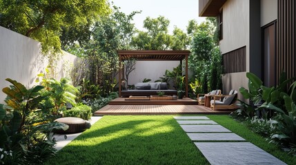 Modern garden oasis with a wooden deck and seating area surrounded by lush greenery in bright daylight