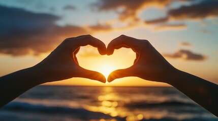 Two hands forming a heart shape against a beautiful sunset, symbolizing love, romance, and connection