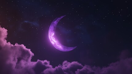 Obraz premium A crescent moon surrounded by soft purple clouds with dazzling stars