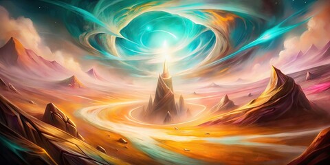 Surreal landscape with swirling skies and sandy peaks.
