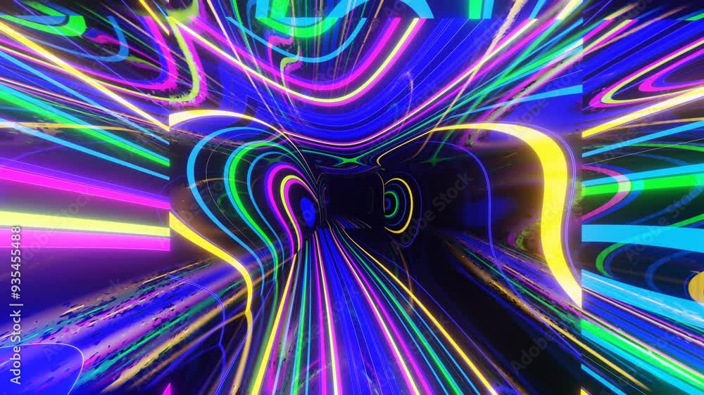 Poster colorful multicolor pattern. fly through mirror tunnel with neon pattern, glow lines form sci fi pat