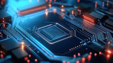 Obraz premium A close-up view of a glowing blue circuit board with a central processor. The image represents technology, innovation, and processing power.