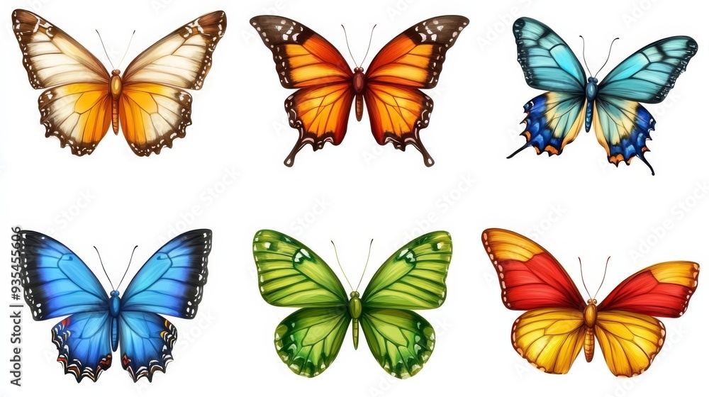 Wall mural Set of colorful butterflies isolated on a white background