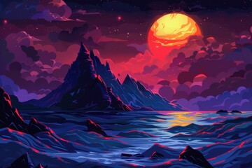Dark Mountain Landscape with Glowing Moon and Water