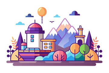 Obraz premium Colorful Illustration of a Town with Mountains and a Balloon