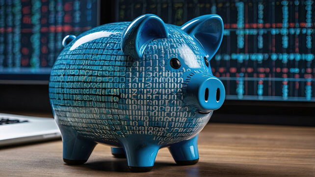 Blue digital piggy bank with binary code stream ai in body