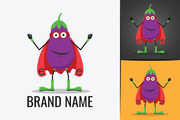 Superhero Eggplant Logo. Vegetable logotype. Funny Aubergine mascot in hero mask super-nutritious food