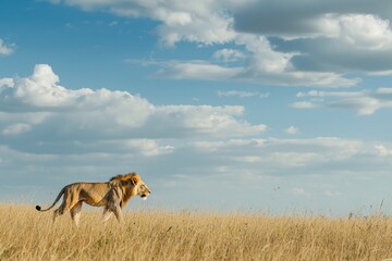 Naklejka premium A solitary lion prowling across the savannah