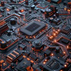 Fototapeta premium A high-tech digital background features an intricate circuit board with glowing elements, symbolizing advanced technology and computer engineering.