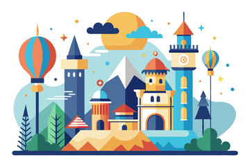 Fototapeta premium Colorful Cityscape with Towers, Hot Air Balloons, and Mountain in the Background