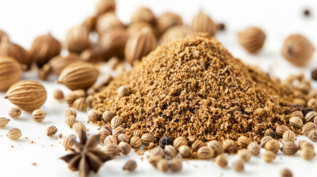 A pile of cumin powder and whole coriander seeds on a white backdrop.