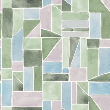 Beautiful vector abstract seamless pattern with colorful watercolor geometric ornament. Abstract patchwork print design. Stock illustration.