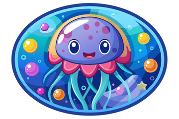 Naklejka premium Cartoon Jellyfish with Big Eyes and Tentacles in a Blue Circle