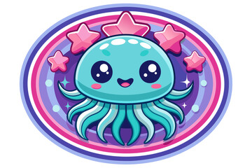 Naklejka premium Cute Cartoon Jellyfish with Pink Stars in a Circular Frame