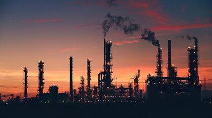Fototapeta premium The silhouette of a petrochemical plant against a twilight sky, with the last light of the day casting long shadows and the plant's lights just beginning to turn on.