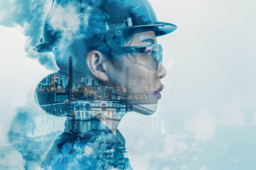 Double exposure movie poster featuring an Asian female construction worker with blue-tinted industrial background and mechanical elements
