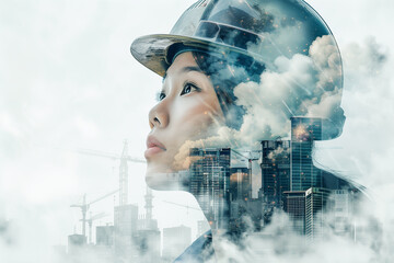 Double exposure movie poster featuring an Asian female construction worker with blue-tinted industrial background and mechanical elements