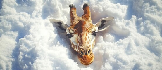 This stock photo shows a funny giraffe over a blue sky with white clouds.