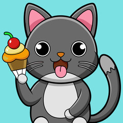 Fototapeta premium Sweet cartoon cat holding a cupcake with a cherry on top and licking its lips in excitement