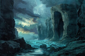 Mysterious sea cavern with stormy weather and rough waves crashing against rocky cliffs