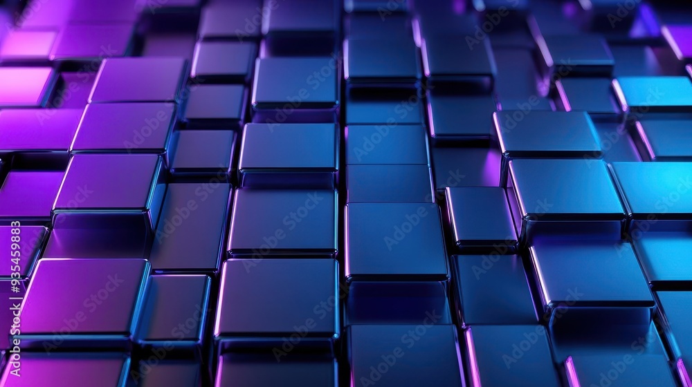 Poster abstract background with a pattern of blue and purple metallic cubes.