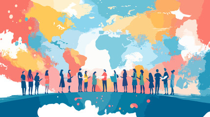 Diverse Group of People Collaborating on a Colorful World Map Background Highlighting Inclusion, Cultural Exchange, and Unity