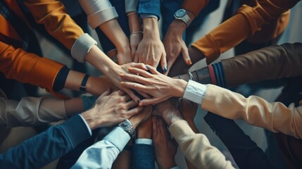 Hand in hand, a team of businessmen and women work together in a successful partnership