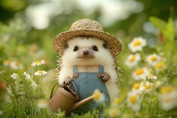 Fototapeta premium Gardener Hedgehog: A hedgehog in overalls and a straw hat, holding a watering can in a flower garden