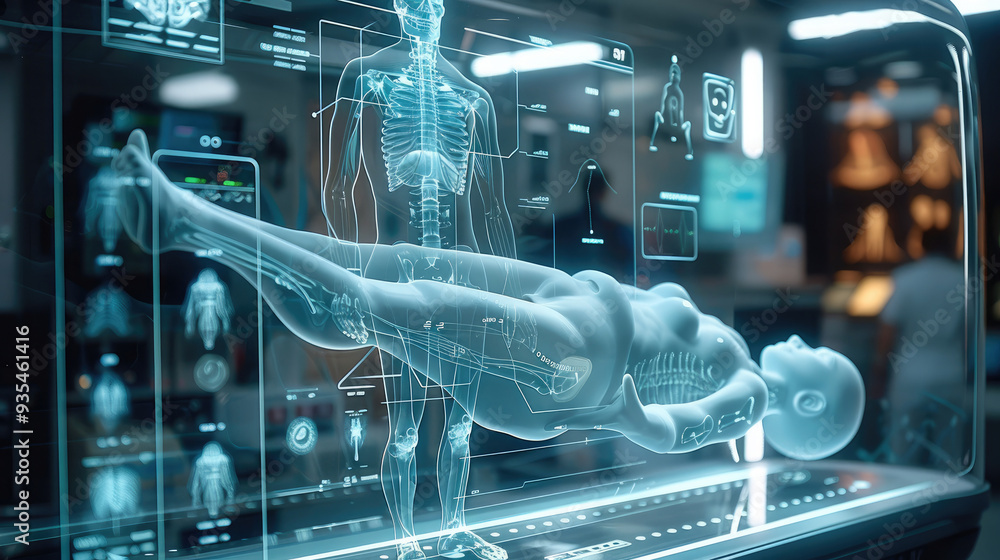 Aufkleber a high-tech medical scanner with a transparent display, showing 3d anatomical models, real-time diag