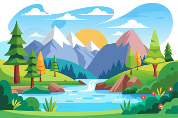 Mountain River Landscape with Lush Greenery and Colorful Sky © cihuy