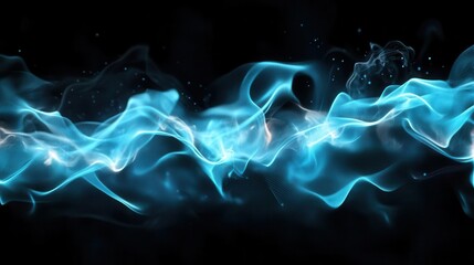 Abstract blue and white waves of energy flow on a black background.