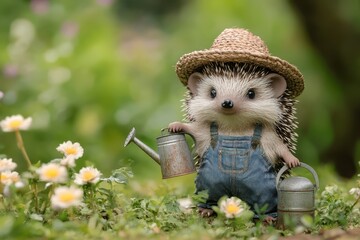 Gardener Hedgehog: A hedgehog in overalls and a straw hat, holding a watering can in a flower garden