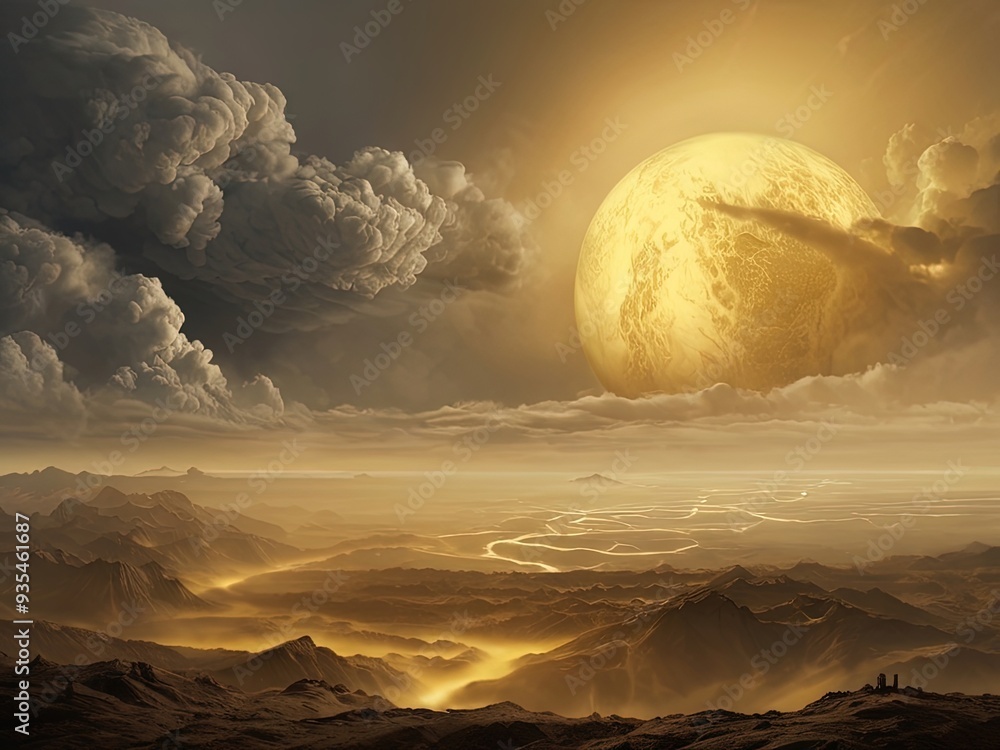 Wall mural sunset over the mountains,earth and moon,sunset over the mountains,moon and clouds