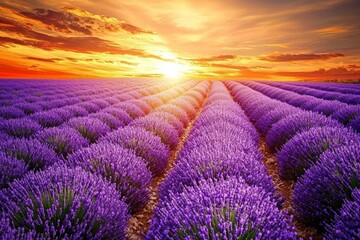 Obraz premium A vast lavender field in full bloom under a golden sunset, the purple flowers contrasting with the orange and pink sky.