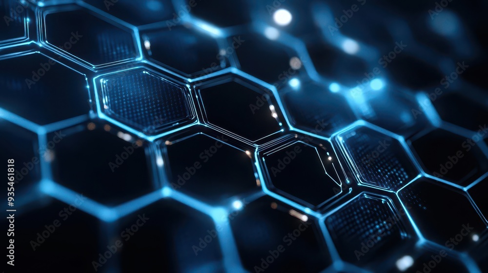 Poster abstract blue glowing hexagonal pattern, futuristic technology background.