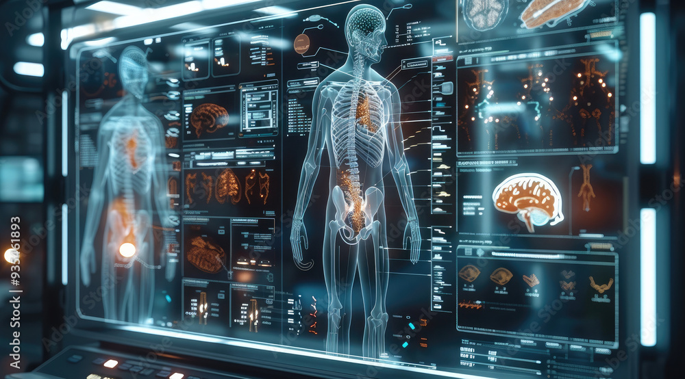 Poster a high-tech medical scanner with a transparent display, showing 3d anatomical models, real-time diag