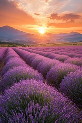 Obraz premium A vast lavender field in full bloom under a golden sunset, the purple flowers contrasting with the orange and pink sky.