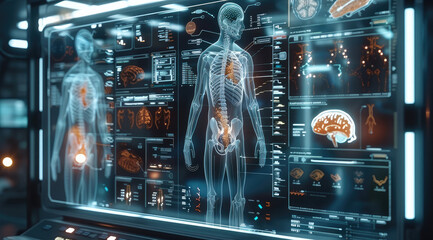A high-tech medical scanner with a transparent display, showing 3D anatomical models, real-time diagnostics, and treatment suggestions. Generative AI.