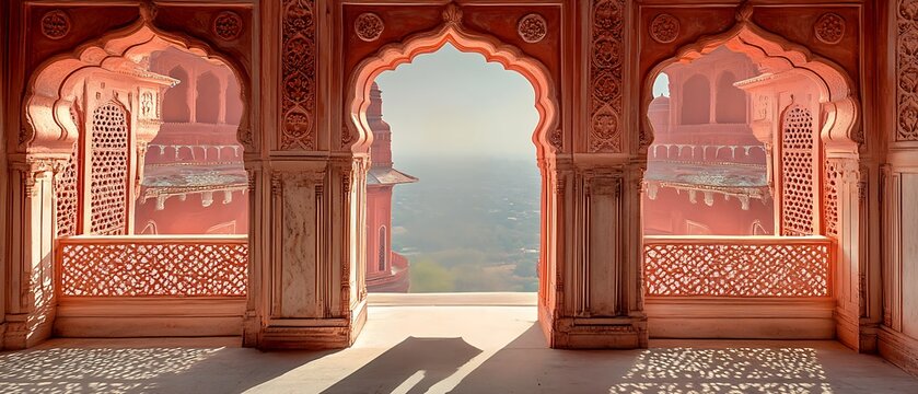 Woman in red sari standing in palace hall, intricate patterns, view of palaces and arches.