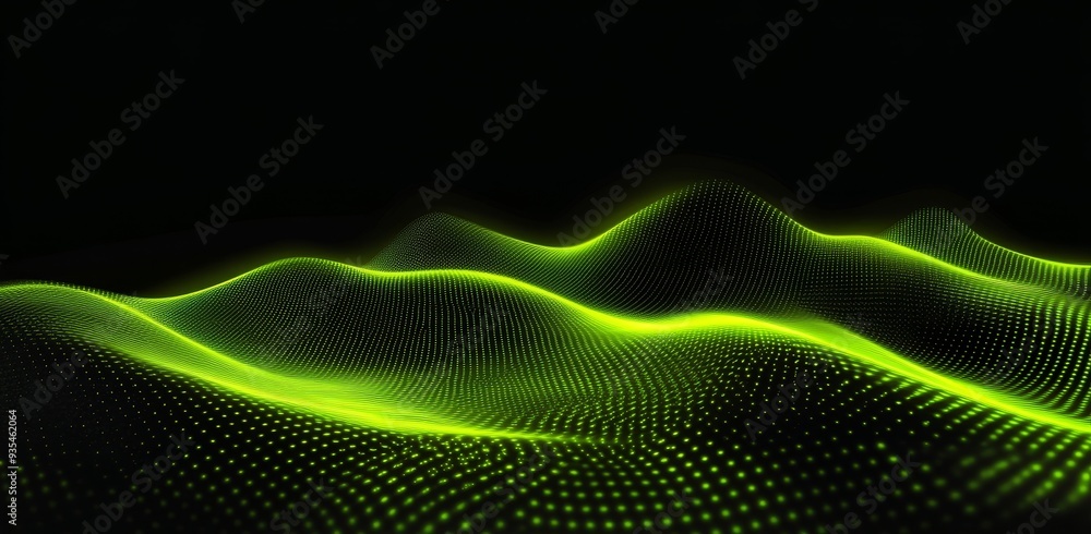 Poster various gradient dots and wavy lines on green abstract background stock photo
