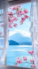 Beautiful seaview from the window with pink cherry blossom decorations. Summer vacation and...