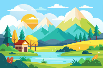 Picturesque Mountain Landscape with a River and a Small House