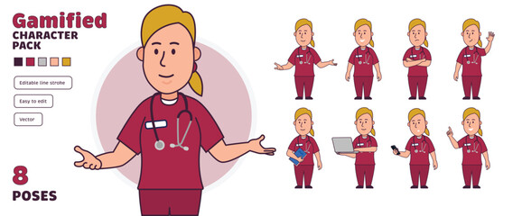 Simple flat gamified female nurse doctor vector character in a set of multiple poses. Easy to edit and isolated on a white background. Modern trendy style character pack with lots of poses.	