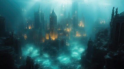 Obraz premium underwater cityscape made entirely of flowing water currents bioluminescent sea life weaving through translucent architecture