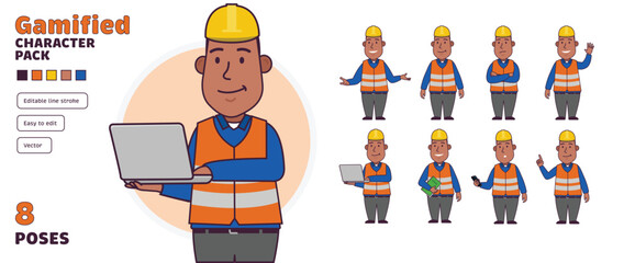 Simple flat gamified construction maintenance worker vector character in a set of multiple poses. Easy to edit and isolated on a white background. Modern trendy style character pack with lots of poses