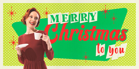 Elegant young woman in retro style costume drinking tea and sending Merry Christmas greeting. Festive mood. Contemporary art collage. Concept of winter, holiday. Retro style. Poster, postcard template
