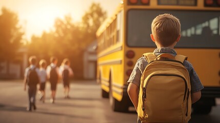 Boy with backpack in front of yellow bus, girls walking, sunset, back-to-school concept