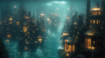 Obraz premium underwater cityscape made entirely of flowing water currents bioluminescent sea life weaving through translucent architecture